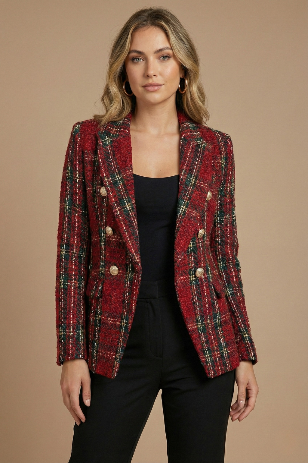 Women's Vintage Double-Breasted Tweed Checked Blazer