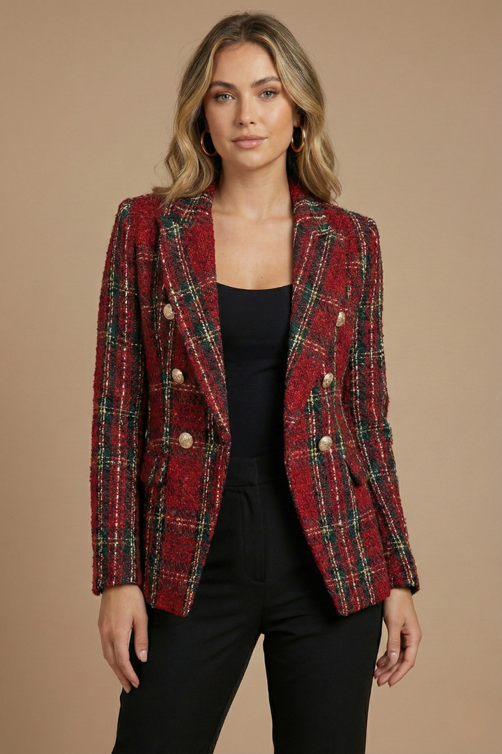 Women's Vintage Double-Breasted Tweed Checked Blazer