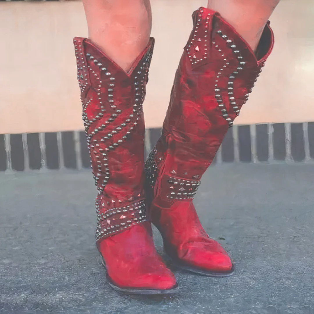 Women's Edgy High Boots – Distressed Faux Leather – Rivet Detail