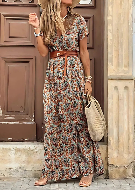Women's Boho Floral Maxi Dress with V-Neck and Split Hem