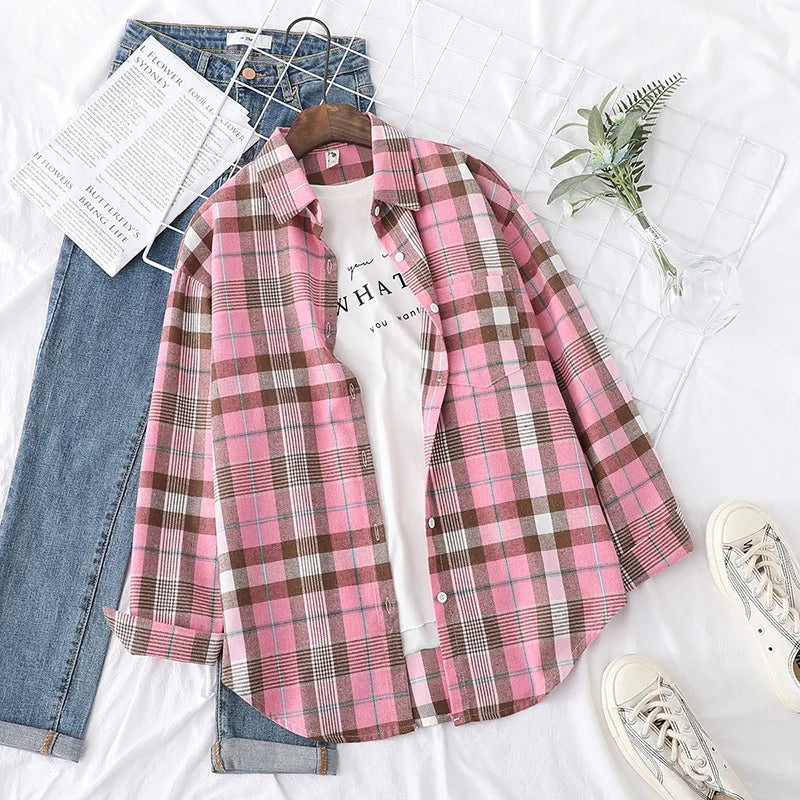 Women's Casual Cotton Long Sleeve Flannel Plaid Shirt for Women-Metro Lane Plaza