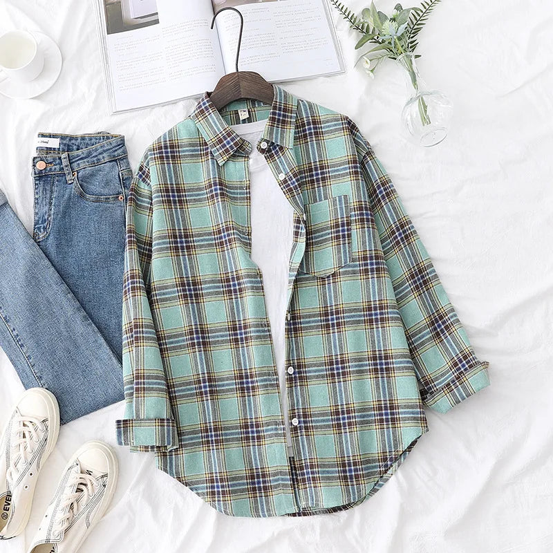 Women's Casual Cotton Long Sleeve Flannel Plaid Shirt for Women-Metro Lane Plaza