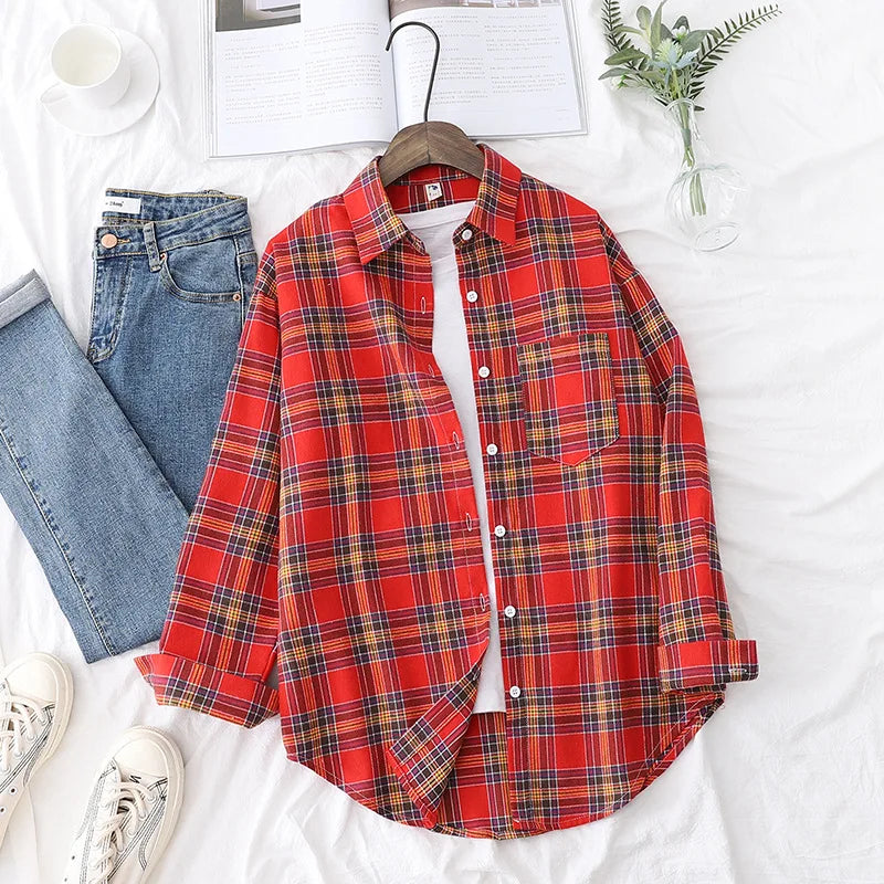 Women's Casual Cotton Long Sleeve Flannel Plaid Shirt for Women-Metro Lane Plaza