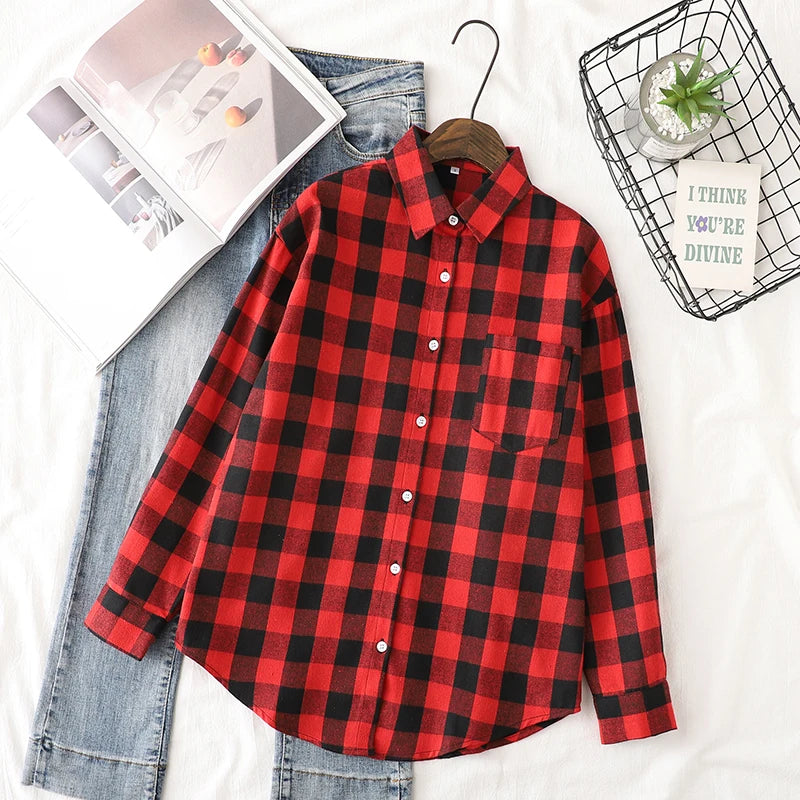 Women's Casual Cotton Long Sleeve Flannel Plaid Shirt for Women-Metro Lane Plaza