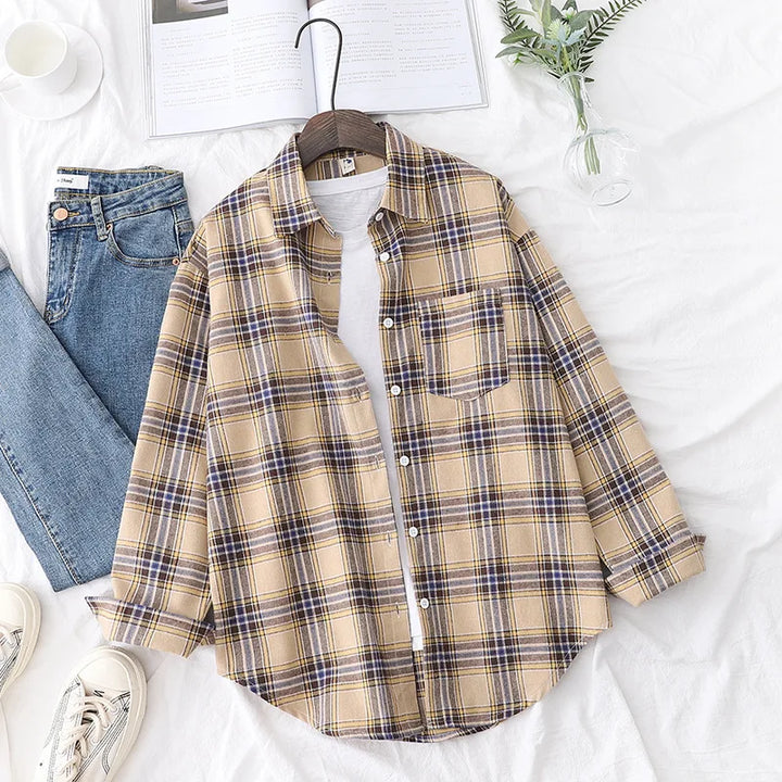 Women's Casual Cotton Long Sleeve Flannel Plaid Shirt for Women-Metro Lane Plaza