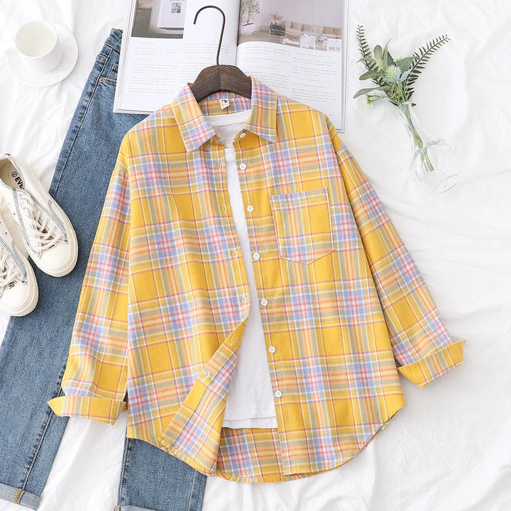 Women's Casual Cotton Long Sleeve Flannel Plaid Shirt for Women-Metro Lane Plaza