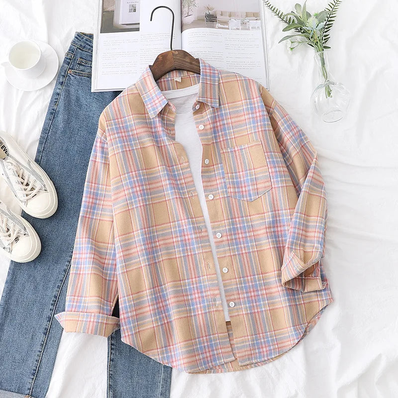 Women's Casual Cotton Long Sleeve Flannel Plaid Shirt for Women-Metro Lane Plaza