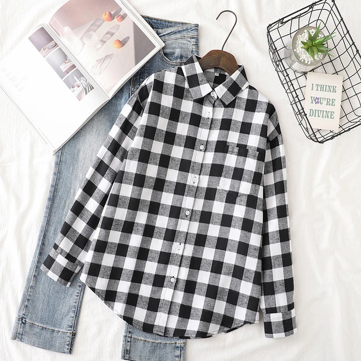 Women's Casual Cotton Long Sleeve Flannel Plaid Shirt for Women-Metro Lane Plaza