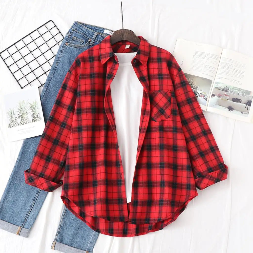 Women's Casual Cotton Long Sleeve Flannel Plaid Shirt for Women-Metro Lane Plaza