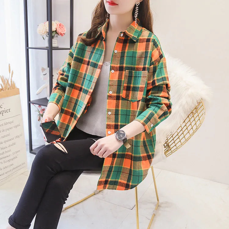 Women's Casual Cotton Long Sleeve Flannel Plaid Shirt for Women-Metro Lane Plaza