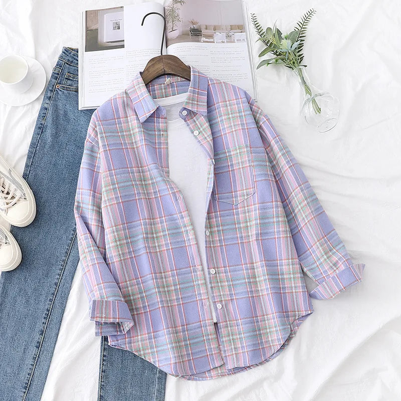 Women's Casual Cotton Long Sleeve Flannel Plaid Shirt for Women-Metro Lane Plaza