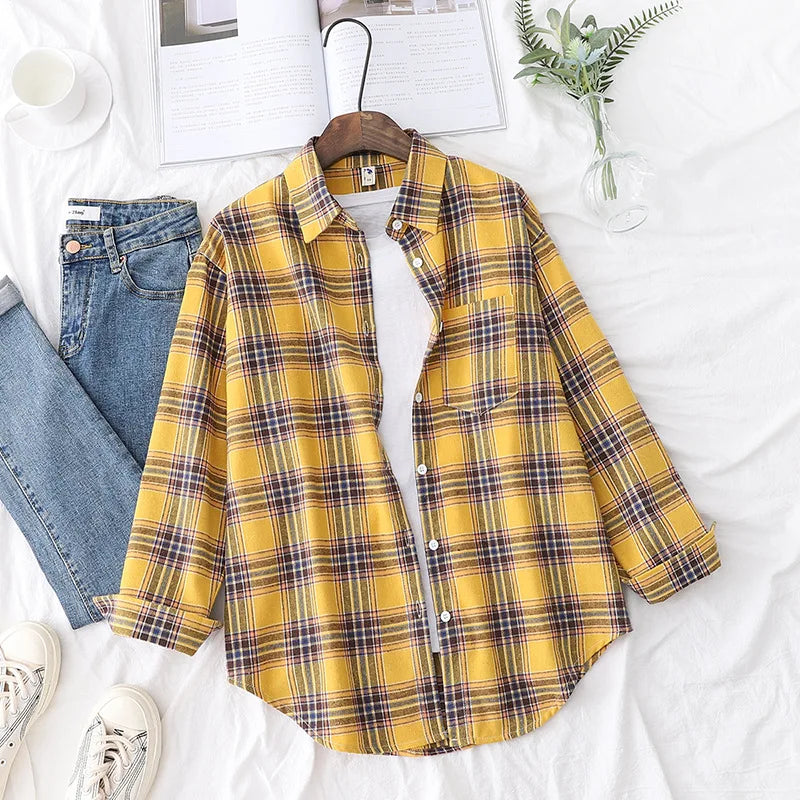 Women's Casual Cotton Long Sleeve Flannel Plaid Shirt for Women-Metro Lane Plaza