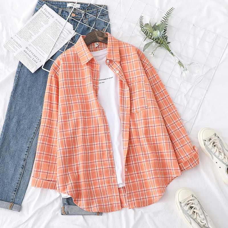 Women's Casual Cotton Long Sleeve Flannel Plaid Shirt for Women-Metro Lane Plaza