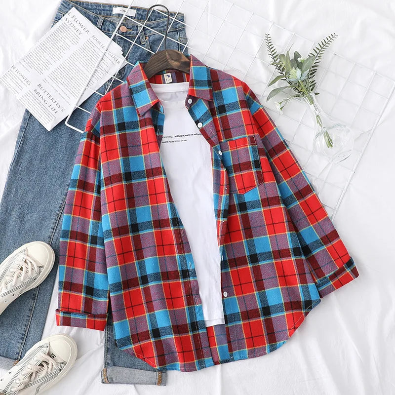 Women's Casual Cotton Long Sleeve Flannel Plaid Shirt for Women-Metro Lane Plaza