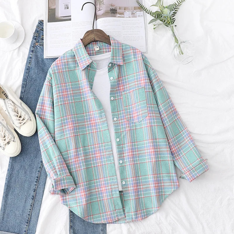 Women's Casual Cotton Long Sleeve Flannel Plaid Shirt for Women-Metro Lane Plaza