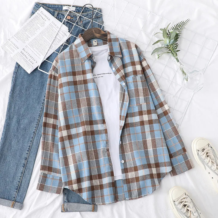Women's Casual Cotton Long Sleeve Flannel Plaid Shirt for Women-Metro Lane Plaza