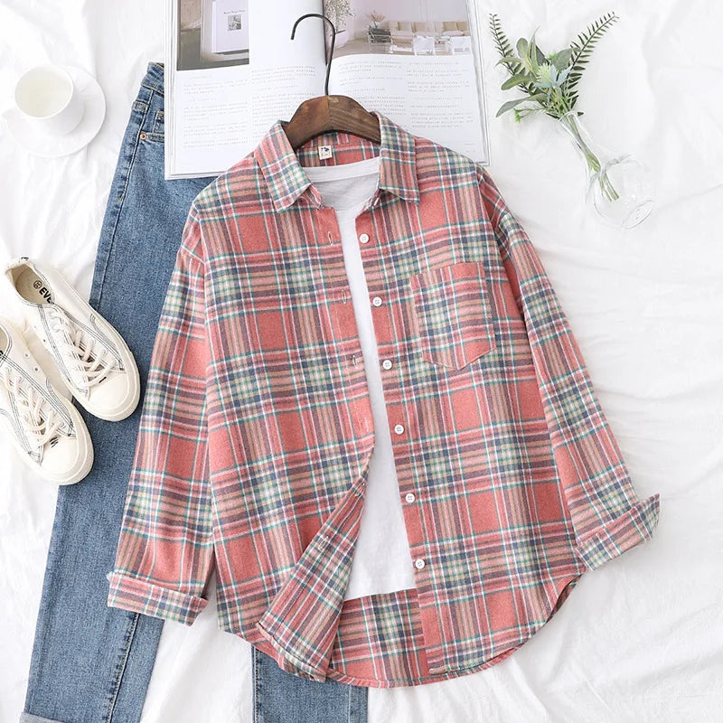 Women's Casual Cotton Long Sleeve Flannel Plaid Shirt for Women-Metro Lane Plaza