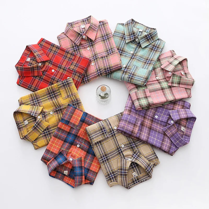 Women's Casual Cotton Long Sleeve Flannel Plaid Shirt for Women-Metro Lane Plaza