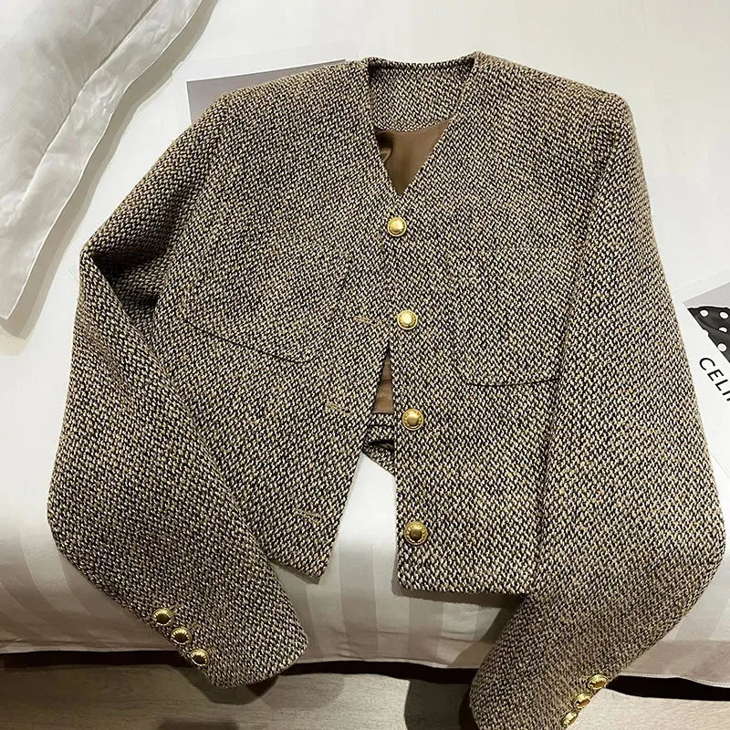 Chaqueta de moda corta sin cuello para mujer