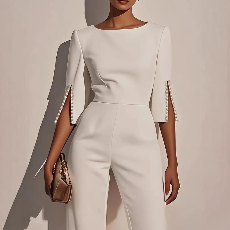 Women's Elegant Wide-Leg Jumpsuit with Pearl Detail-Metro Lane Plaza
