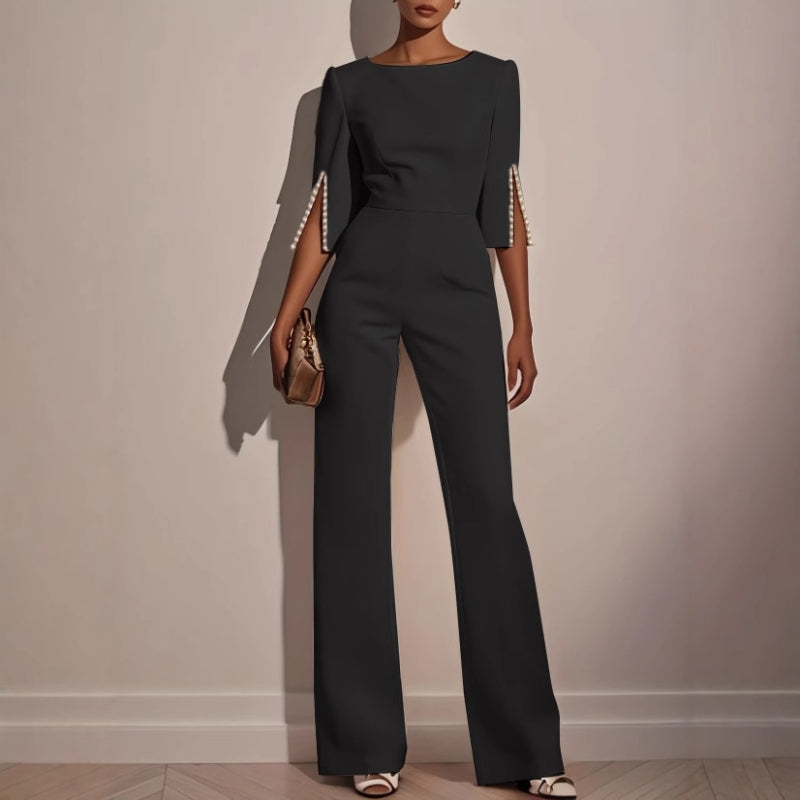 Women's Elegant Wide-Leg Jumpsuit with Pearl Detail-Metro Lane Plaza