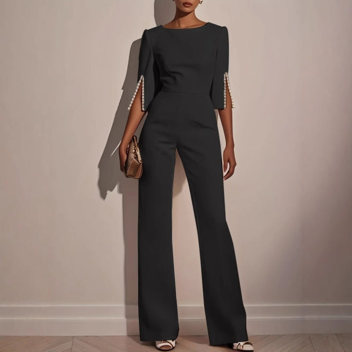 Women's Elegant Wide-Leg Jumpsuit with Pearl Detail-Metro Lane Plaza