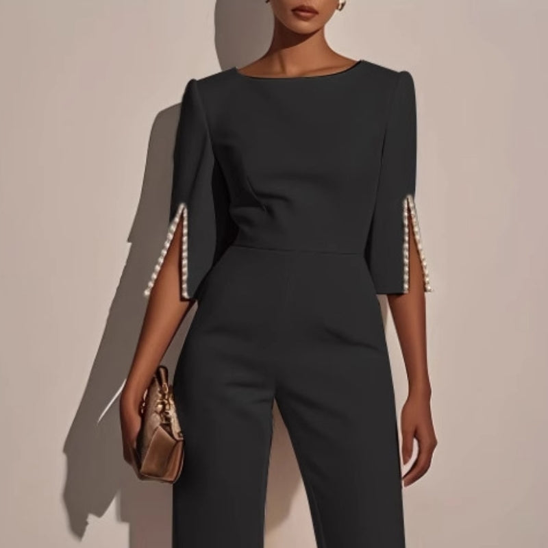 Women's Elegant Wide-Leg Jumpsuit with Pearl Detail-Metro Lane Plaza