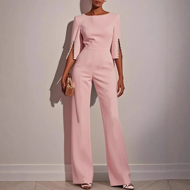 Women's Elegant Wide-Leg Jumpsuit with Pearl Detail-Metro Lane Plaza