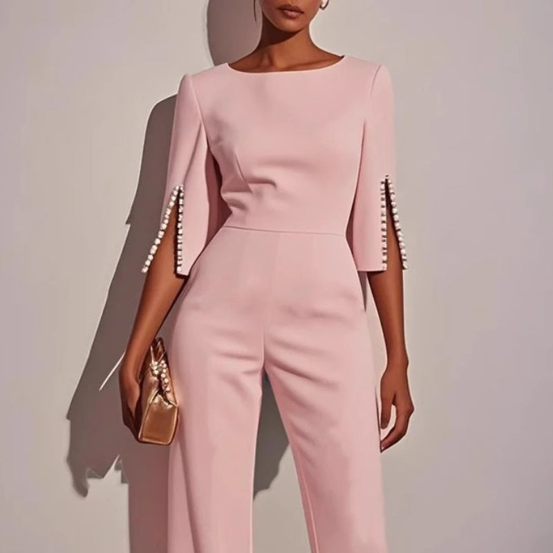 Women's Elegant Wide-Leg Jumpsuit with Pearl Detail-Metro Lane Plaza