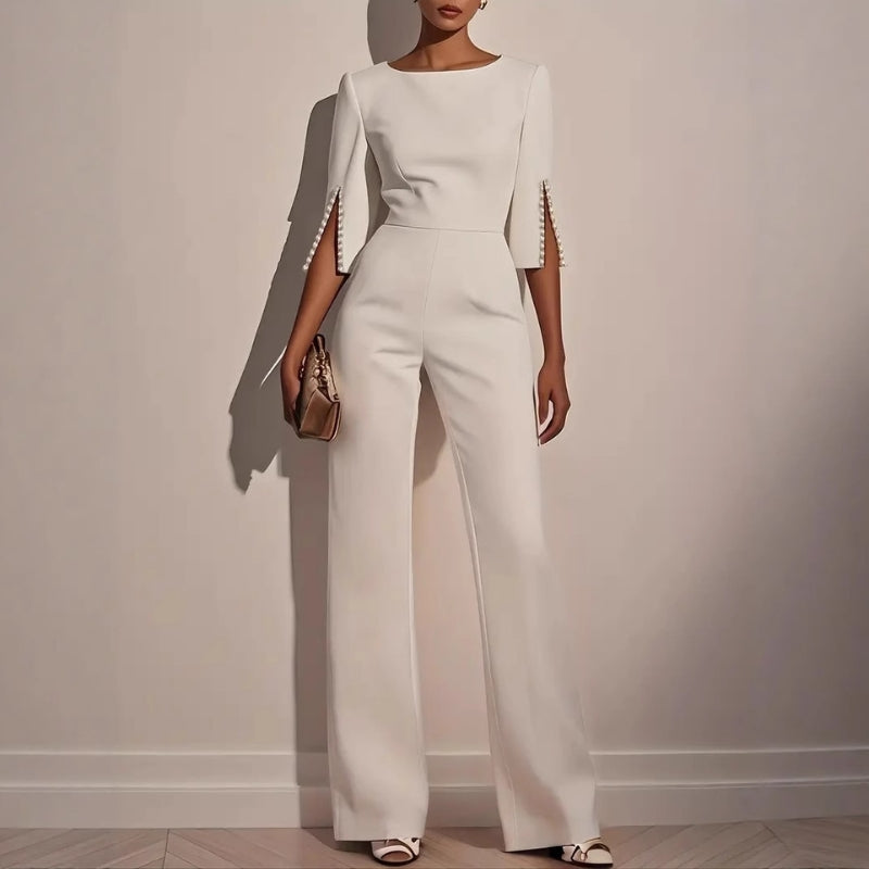 Women's Elegant Wide-Leg Jumpsuit with Pearl Detail-Metro Lane Plaza