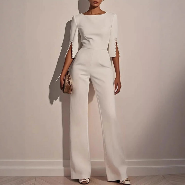 Women's Elegant Wide-Leg Jumpsuit with Pearl Detail-Metro Lane Plaza