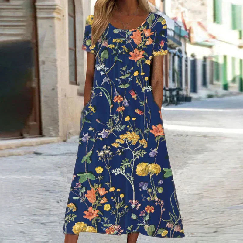 Alice | Women's Elegant Botanical Print Short Sleeve Midi Dress-Metro Lane Plaza