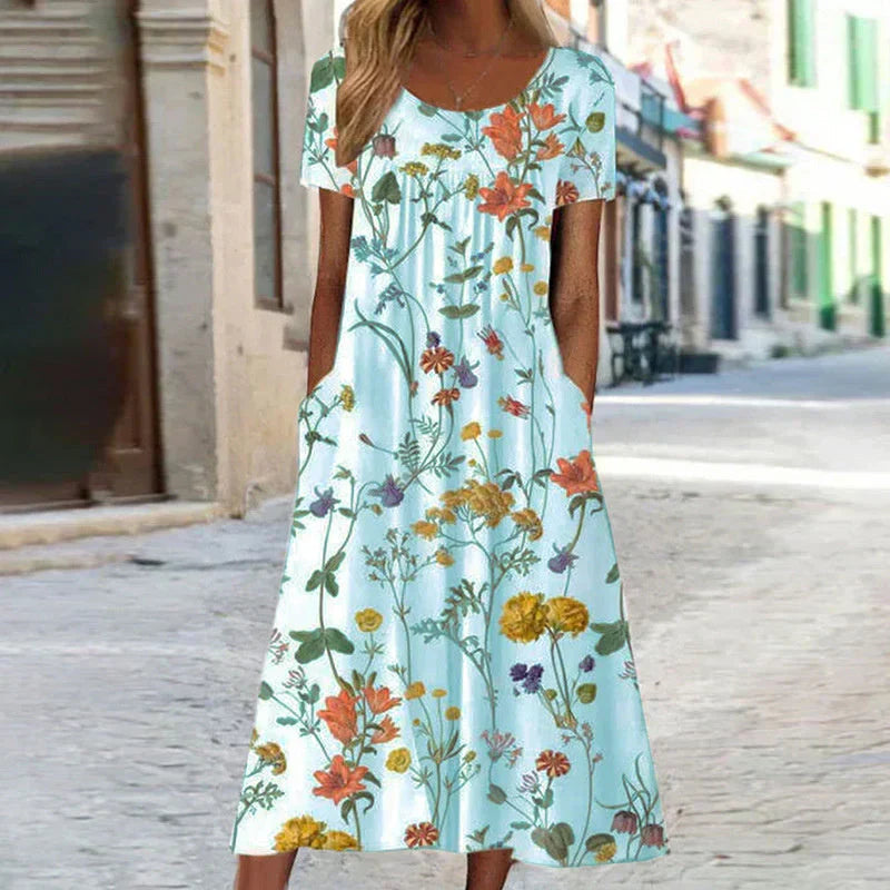 Alice | Women's Elegant Botanical Print Short Sleeve Midi Dress-Metro Lane Plaza