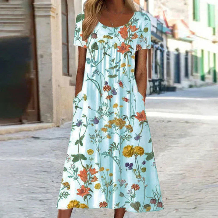 Alice | Women's Elegant Botanical Print Short Sleeve Midi Dress-Metro Lane Plaza