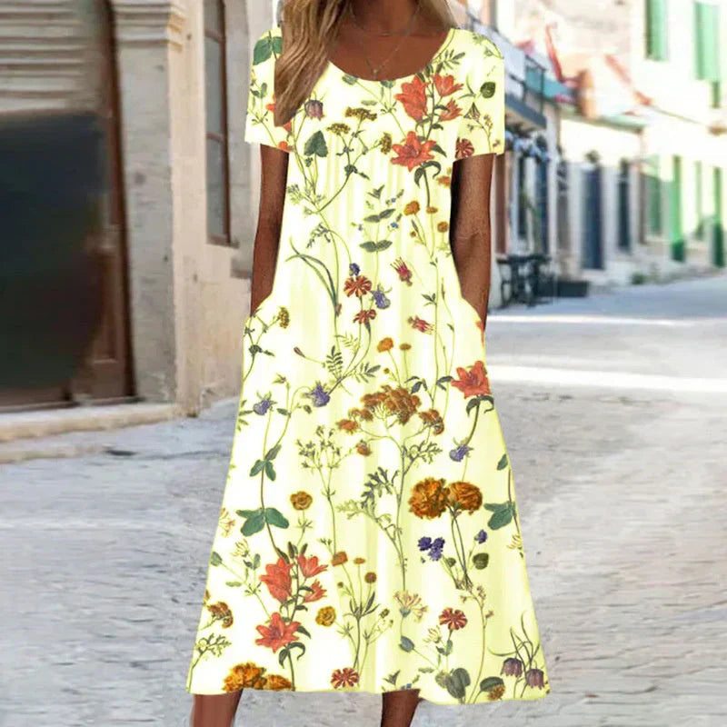 Alice | Women's Elegant Botanical Print Short Sleeve Midi Dress-Metro Lane Plaza