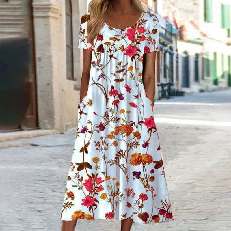 Alice | Women's Elegant Botanical Print Short Sleeve Midi Dress-Metro Lane Plaza