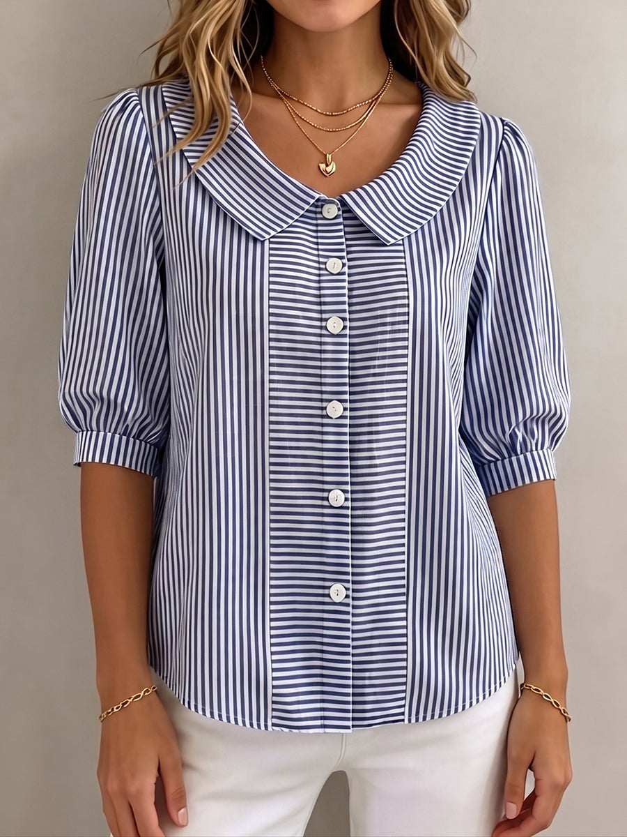 Gina | Women's Elegant Vertical Striped Quarter Sleeve Blouse-Metro Lane Plaza