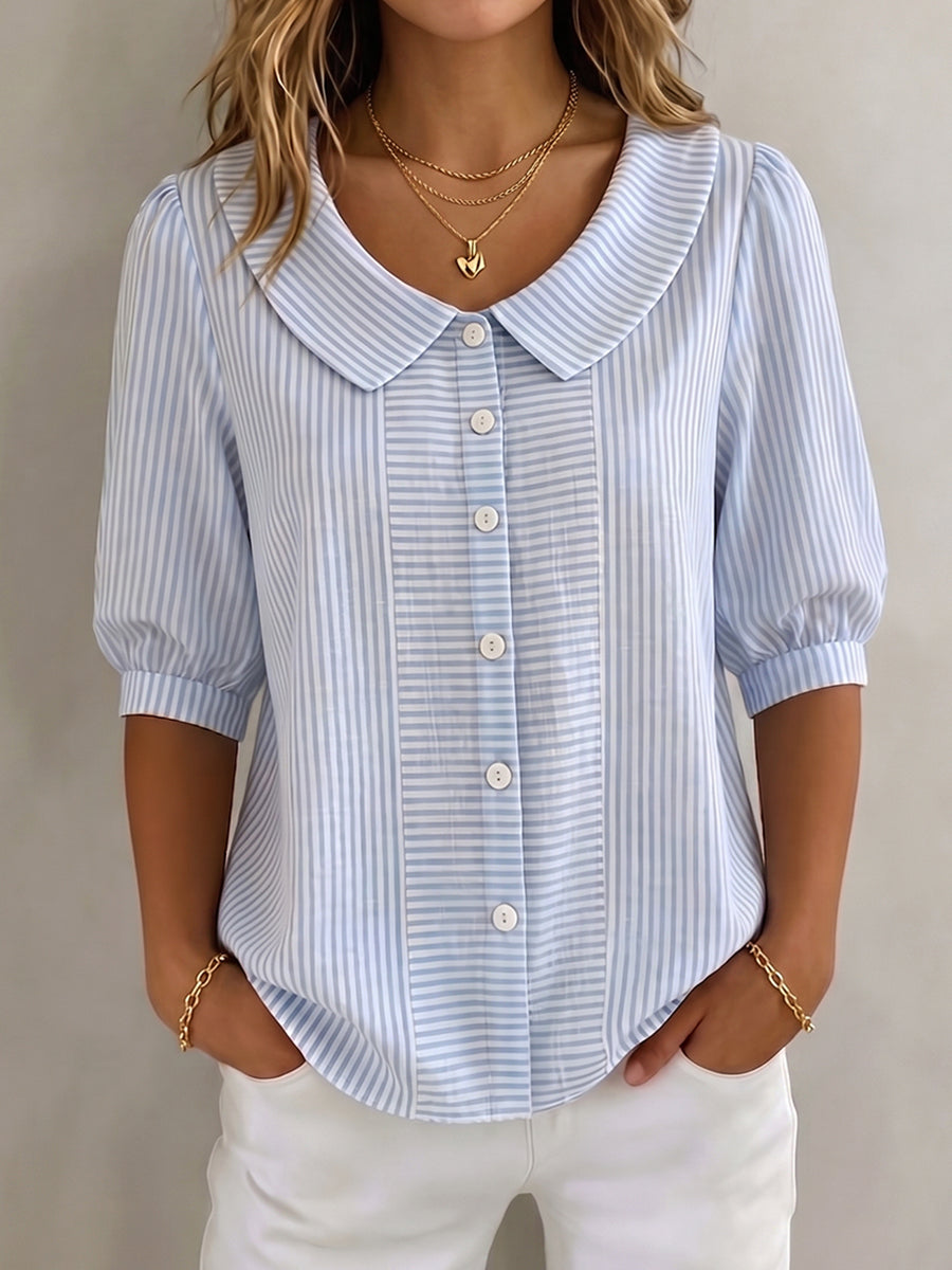 Gina | Women's Elegant Vertical Striped Quarter Sleeve Blouse-Metro Lane Plaza