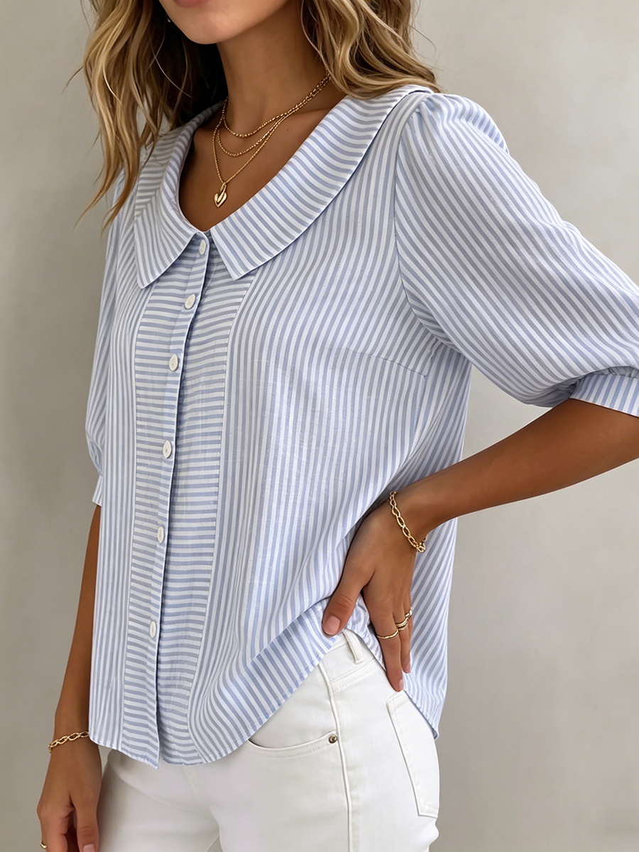 Gina | Women's Elegant Vertical Striped Quarter Sleeve Blouse-Metro Lane Plaza