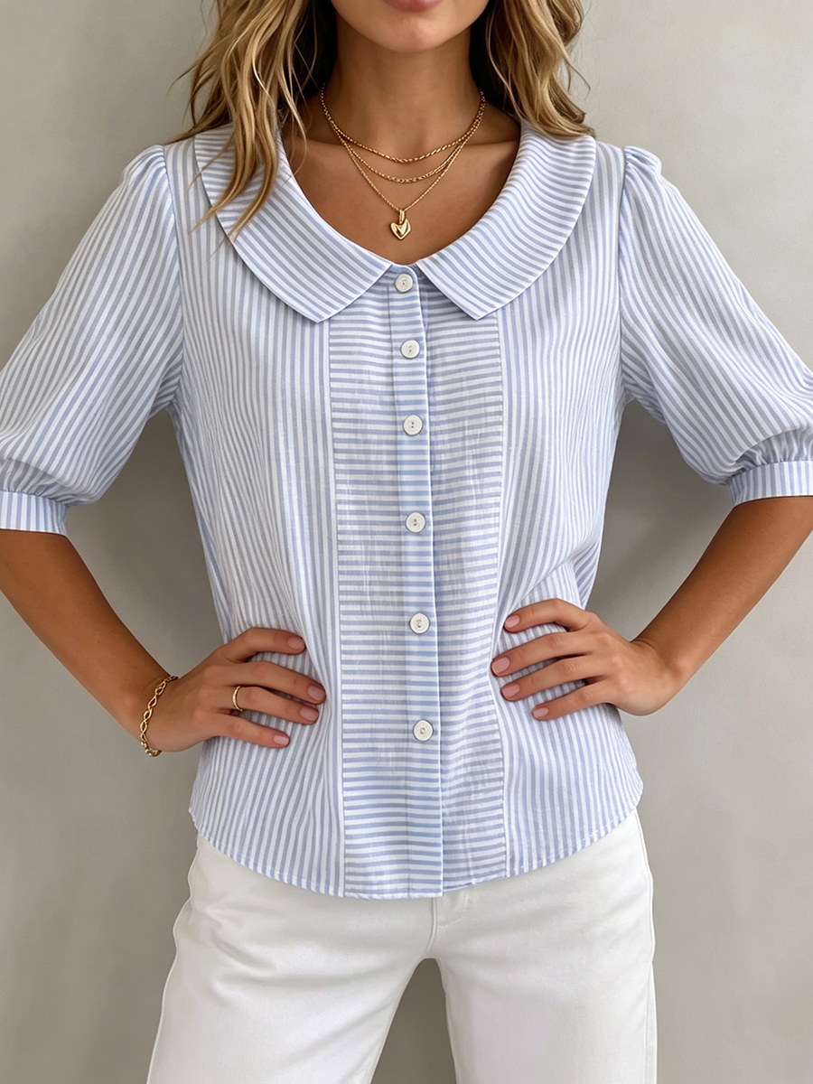 Gina | Women's Elegant Vertical Striped Quarter Sleeve Blouse-Metro Lane Plaza