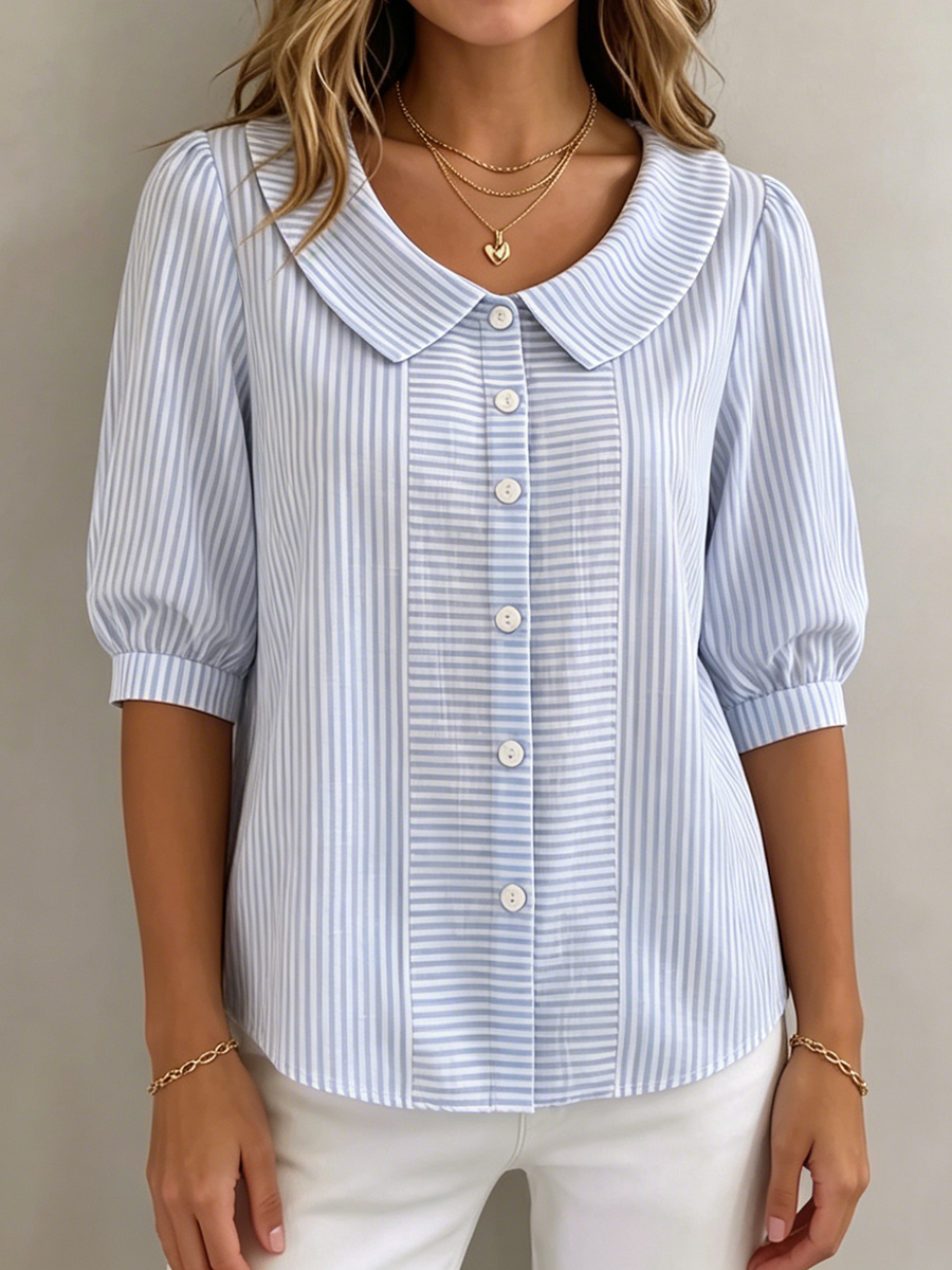 Gina | Women's Elegant Vertical Striped Quarter Sleeve Blouse-Metro Lane Plaza