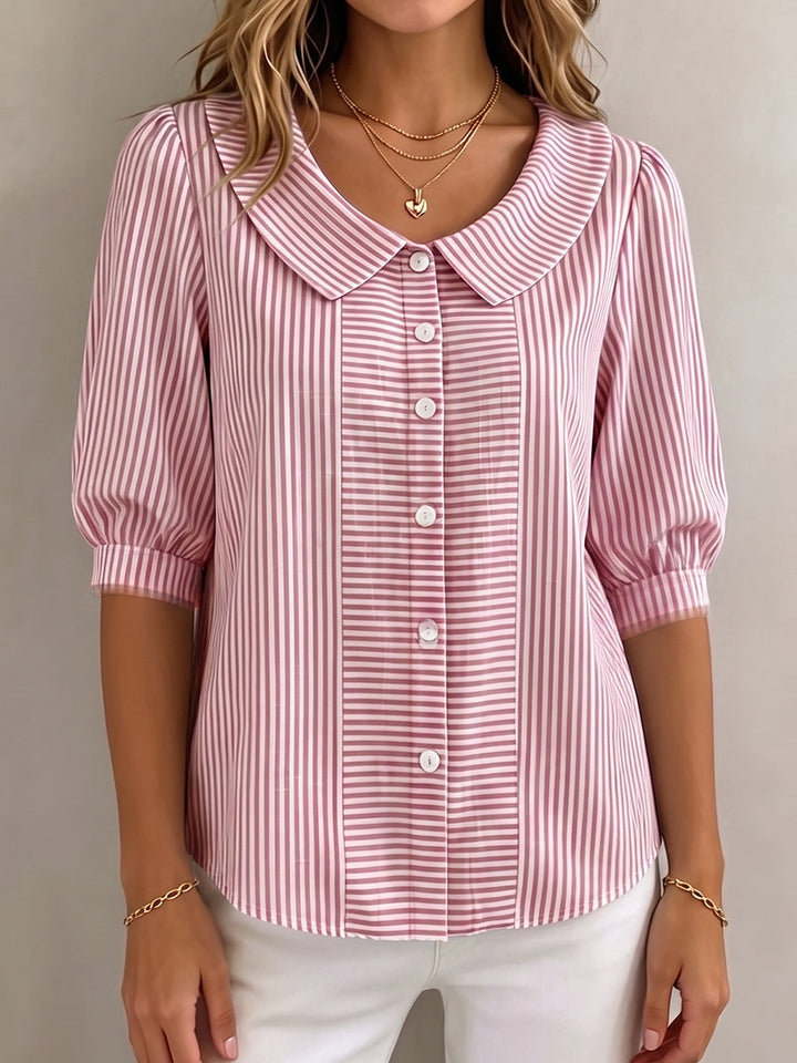 Gina | Women's Elegant Vertical Striped Quarter Sleeve Blouse-Metro Lane Plaza