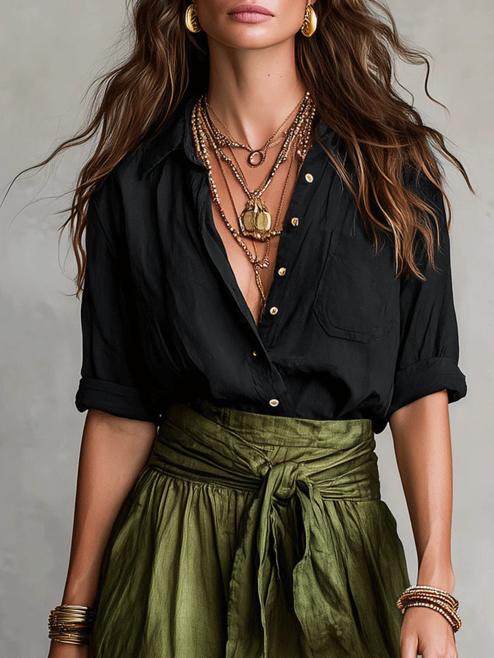 Kylie | Women's Black Shirt and Olive Midi Skirt Set-Metro Lane Plaza