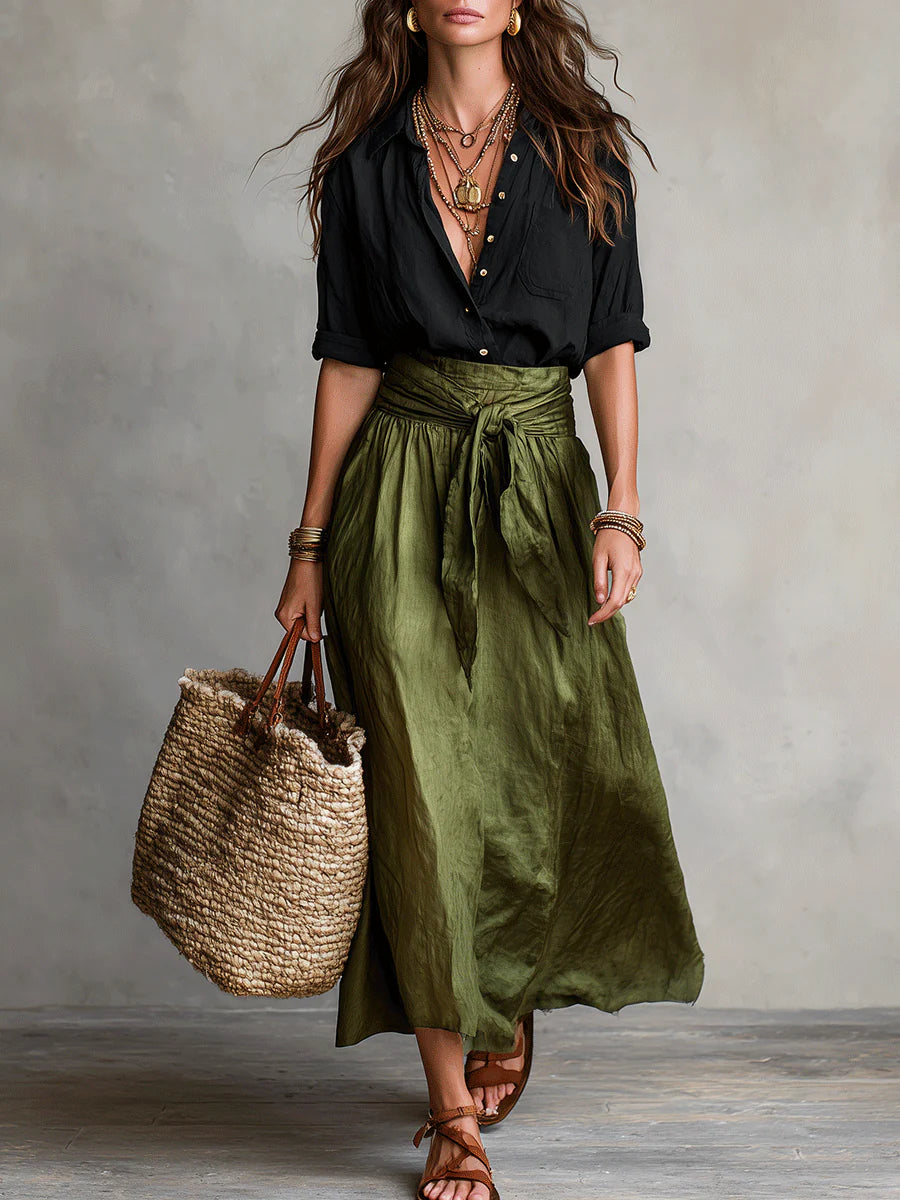 Kylie | Women's Black Shirt and Olive Midi Skirt Set-Metro Lane Plaza