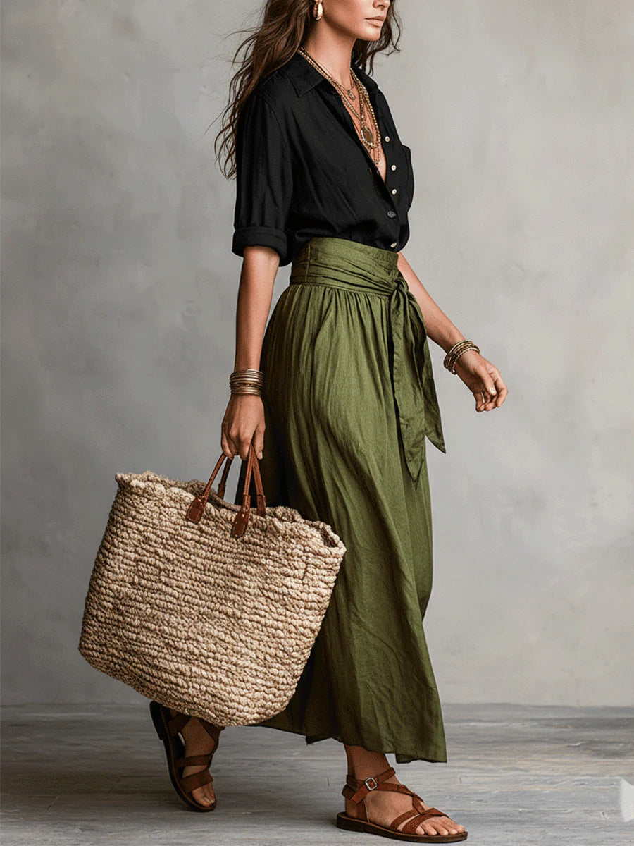 Kylie | Women's Black Shirt and Olive Midi Skirt Set-Metro Lane Plaza