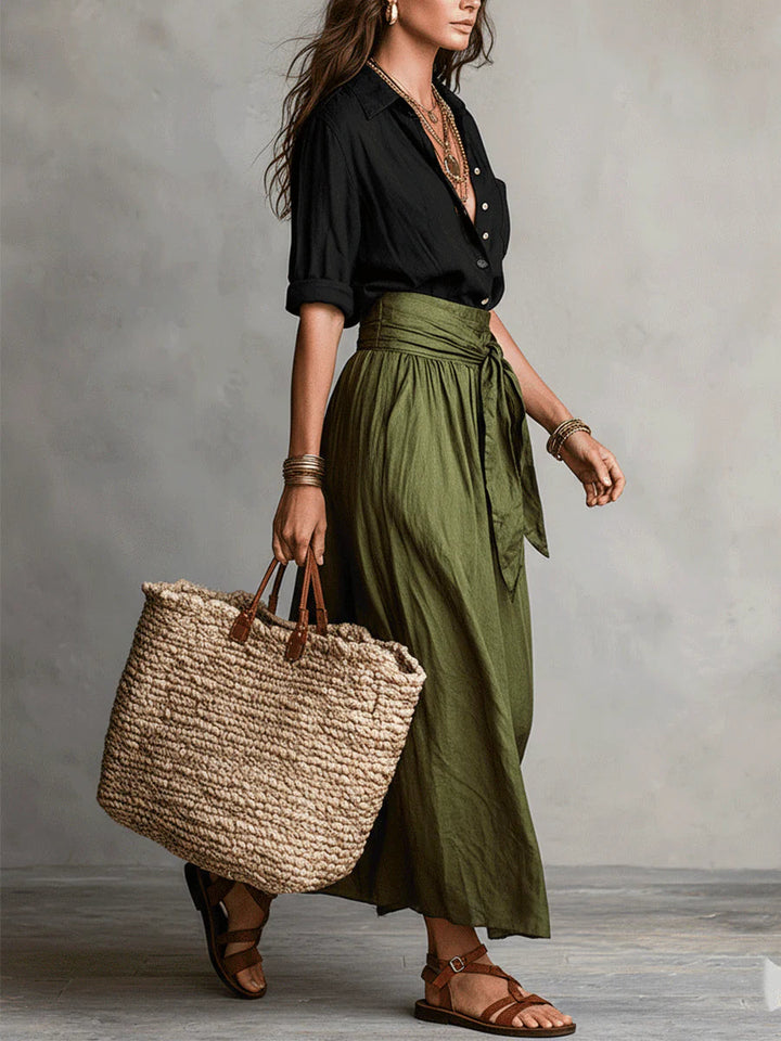 Kylie | Women's Black Shirt and Olive Midi Skirt Set-Metro Lane Plaza