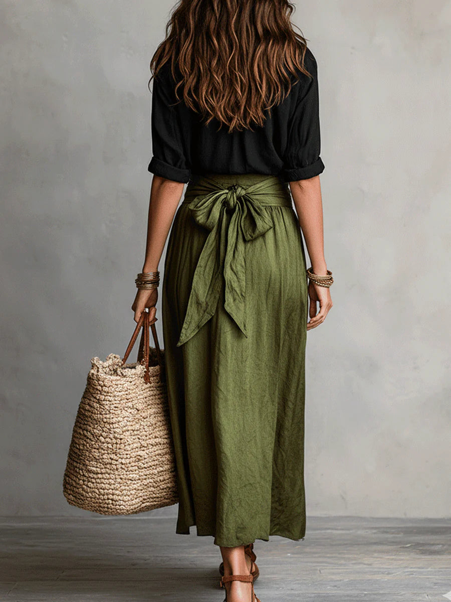 Kylie | Women's Black Shirt and Olive Midi Skirt Set-Metro Lane Plaza