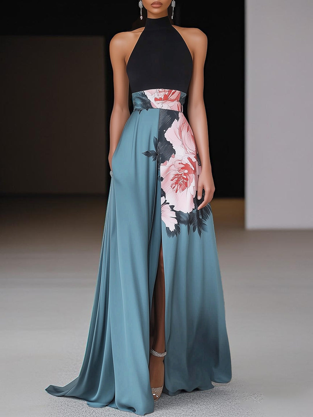 Women's Elegant Floral Maxi Dress with Halter Neck Design-Metro Lane Plaza