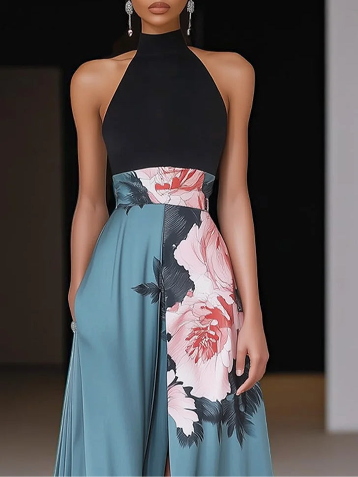 Women's Elegant Floral Maxi Dress with Halter Neck Design-Metro Lane Plaza