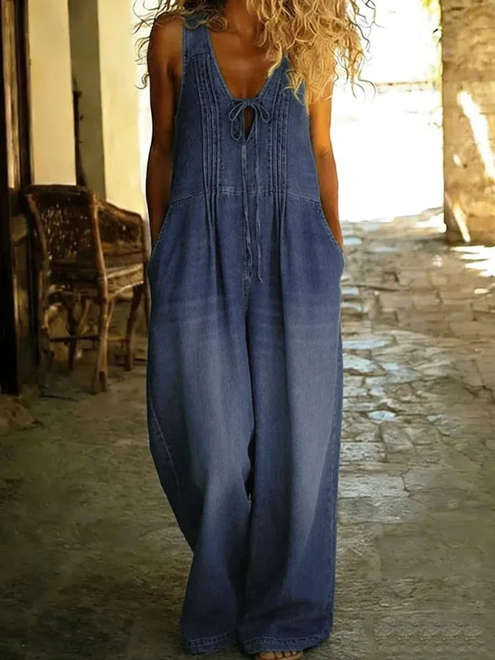 Maya | Women's Wide-Leg Denim Utility Jumpsuit-Metro Lane Plaza